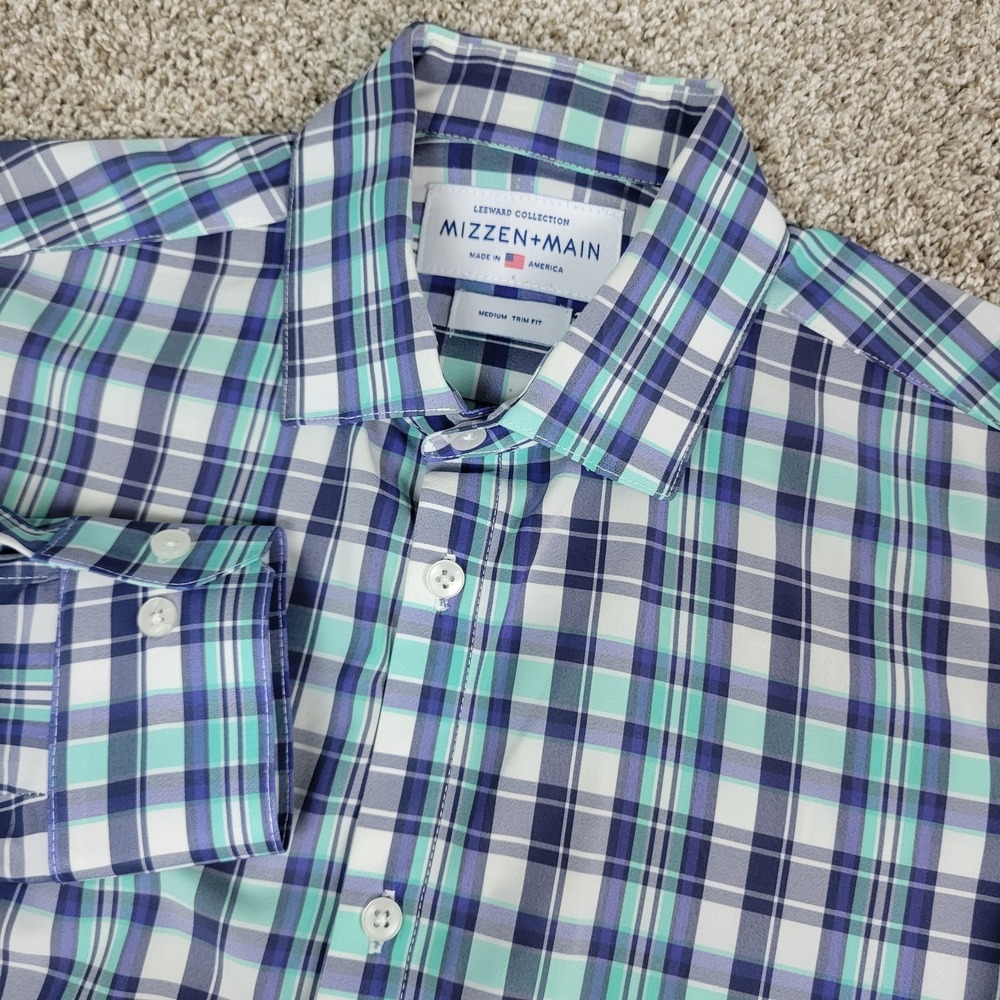 Mizzen+Main Leeward Mens Medium Blue White Plaid Performance Button Up LS